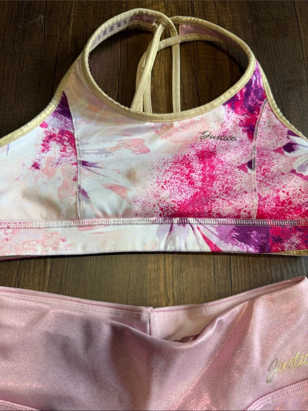 Justice Pink Shimmer Bike‎ Shorts with Pink Watercolor Sports Bra
